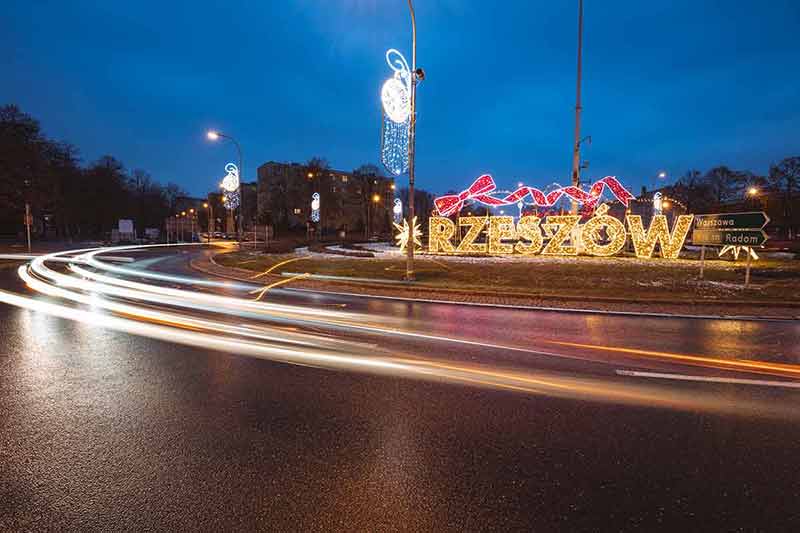 famous cities in poland Rzeszow sign at night