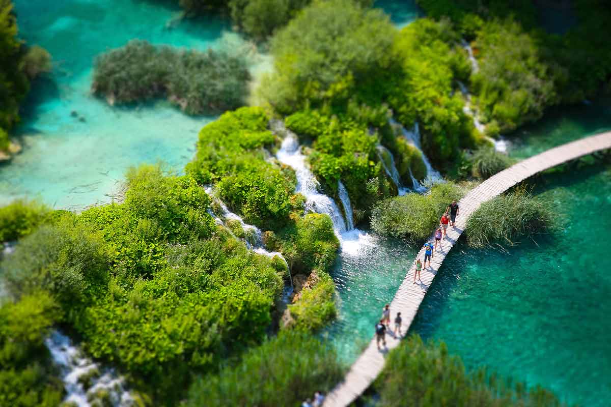 aerial view of plitvice lakes and waterfalls