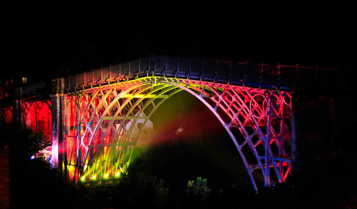 famous landmarks of England Iron bridge lit up at night