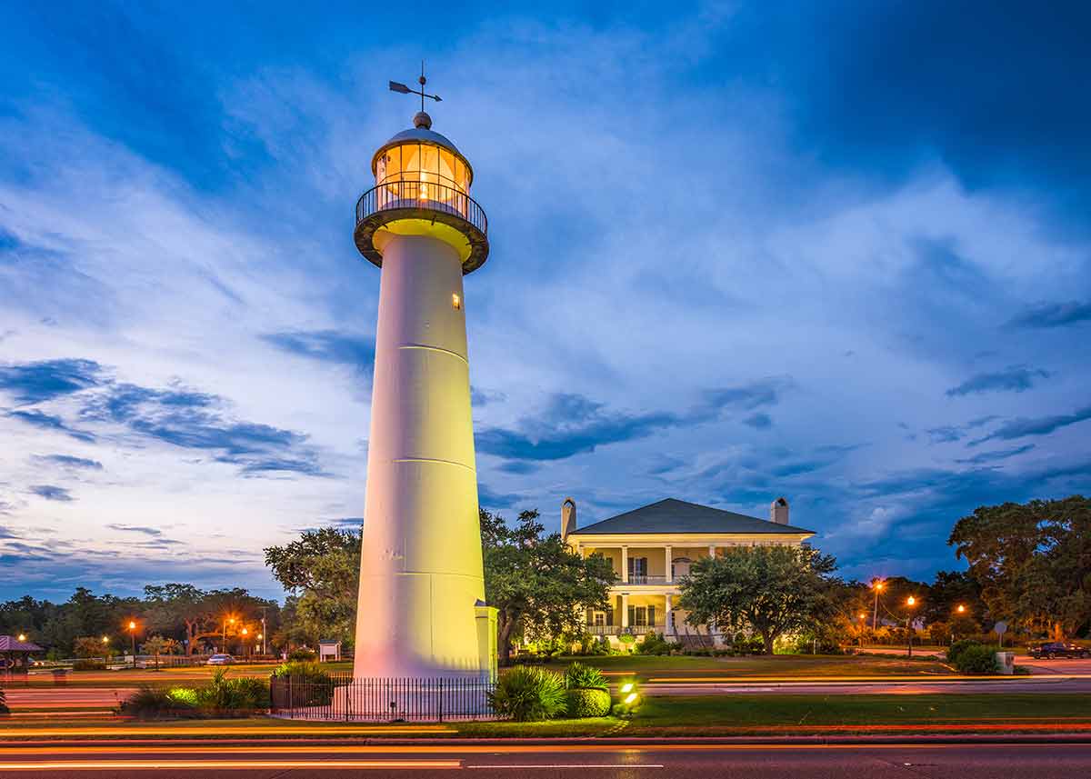 famous landmarks of mississippi Biloxi lighthouse at night