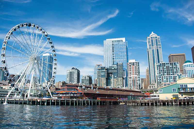 famous seattle landmarks Seattle Great Wheel and Pier 57 buildings