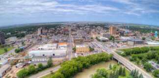 fargo aerial view of city and river