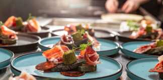 plates of Iberico Ham with garnish and bread
