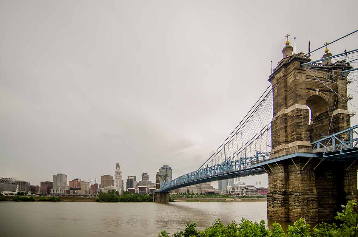 Cincinnati Skyline And Historic John A. Roebling Suspension