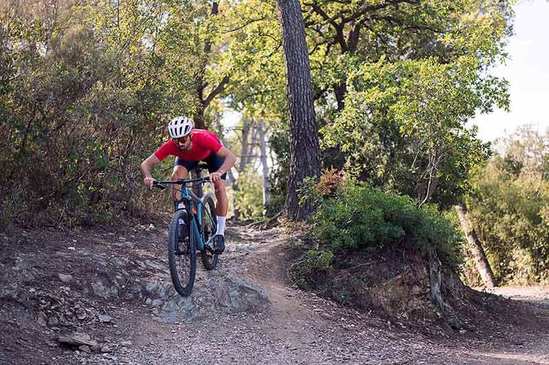 Cyclist Descending On A Trail On His Mountain Bike