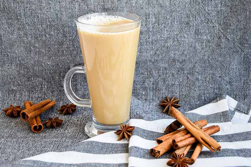 german non alcoholic drinks winter eggnog in glass mug with milk, cinnamon and anise stars covered with whipped cream on a gray cloth,cinnamon sticks on cloth background