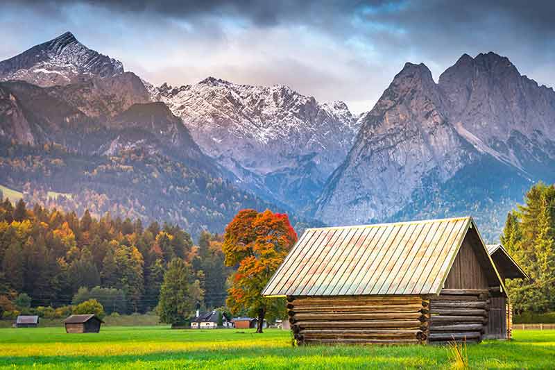 Bavarian Alps And Rustic Farm Barn, Garmisch, Zugspitze Massif