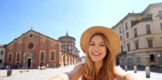 Beautiful Fashion Girl Takes Self Portrait With The Church Of Santa Maria Delle Grazie