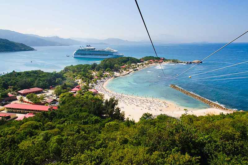 haiti best beaches zipline down to the beach with cruise ship in the background