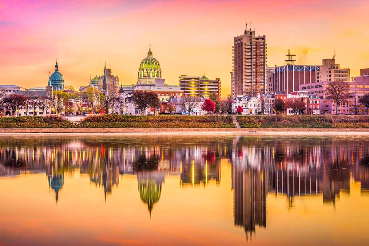 harrisburg pa skyline reflections in water at dusk