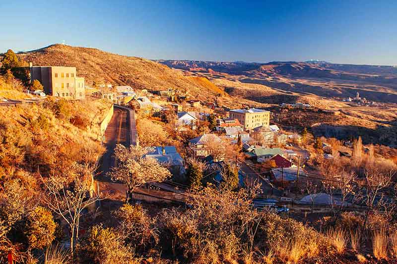 haunted ghost towns in arizona aerial view of Jerome in autumn