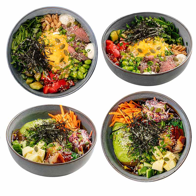 Assorted Hawaiian Poke Bowl Dishes Collage