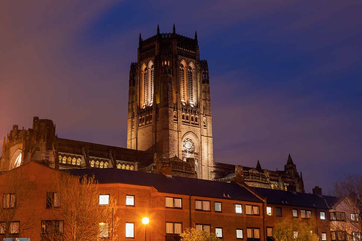 historic landmarks in Liverpool Liverpool Anglican Cathedral at dusk