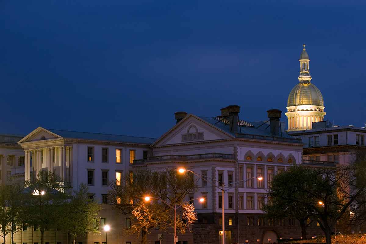 historical landmark in new jersey capitol building at night