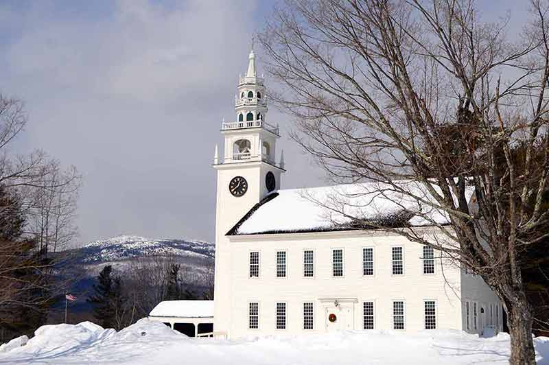 historical landmarks in new hampshire Fitzwilliam Town Hall in winter