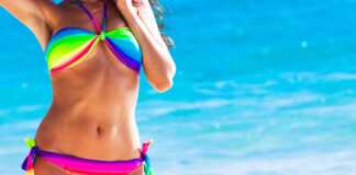colourful bikini in front of water on a honduras beach