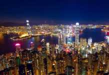 hong kong city at night aerial view
