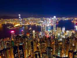 hong kong city at night aerial view