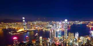 hong kong city at night aerial view