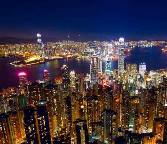 hong kong city at night aerial view