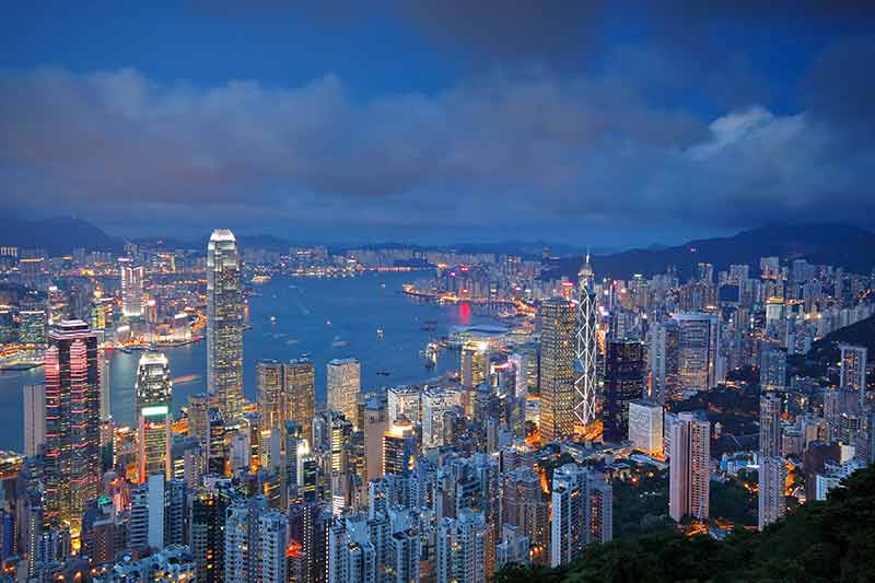 hong kong skyline at night bird's-eye view