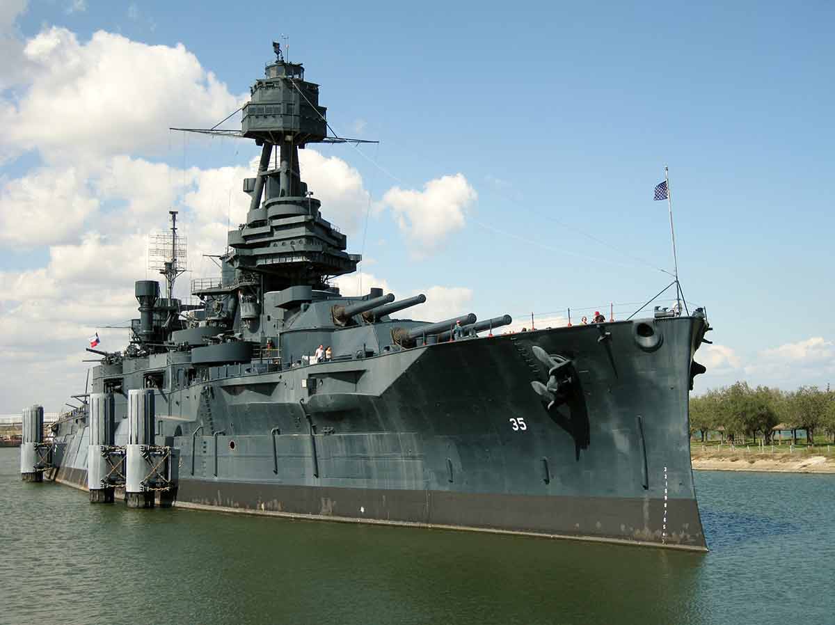 houston landmarks Battleship Texas with blue sky