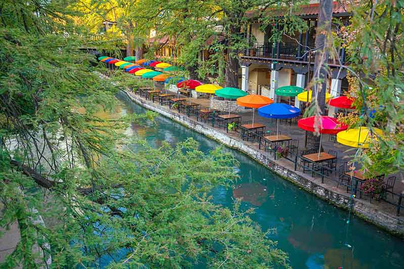 River Walk in in San Antonio aeriel view of colourful umbrellas.