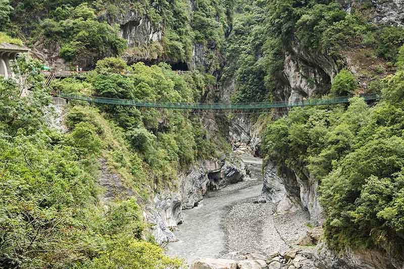 Taroko national park aerial view of gorge and suspension bridge