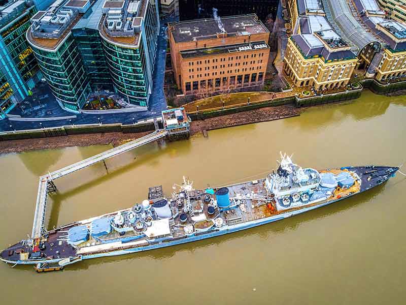 aerial view of iconic landmarks in london HMS Belfast
