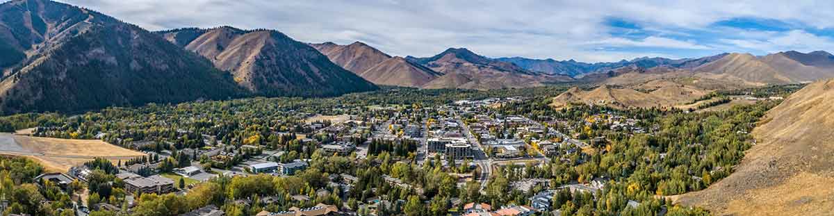 aerial view of Ketchum with mountains in the background