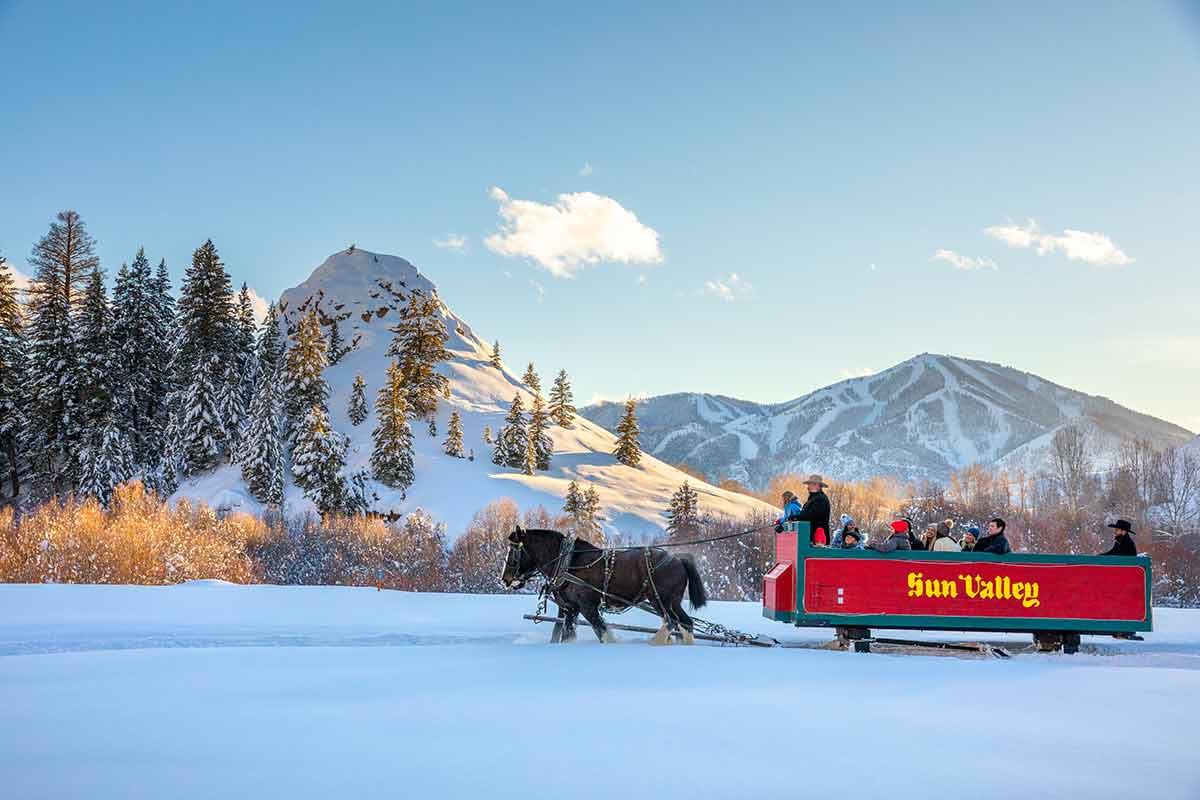 idaho ski resorts sun valley sleigh ride red sleigh and horse