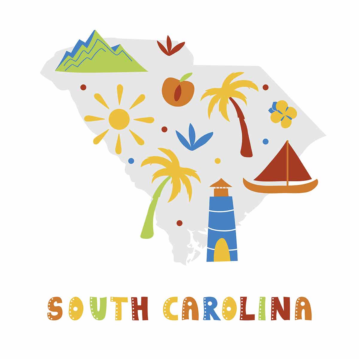 State Symbols On Gray State Silhouette - South Carolina