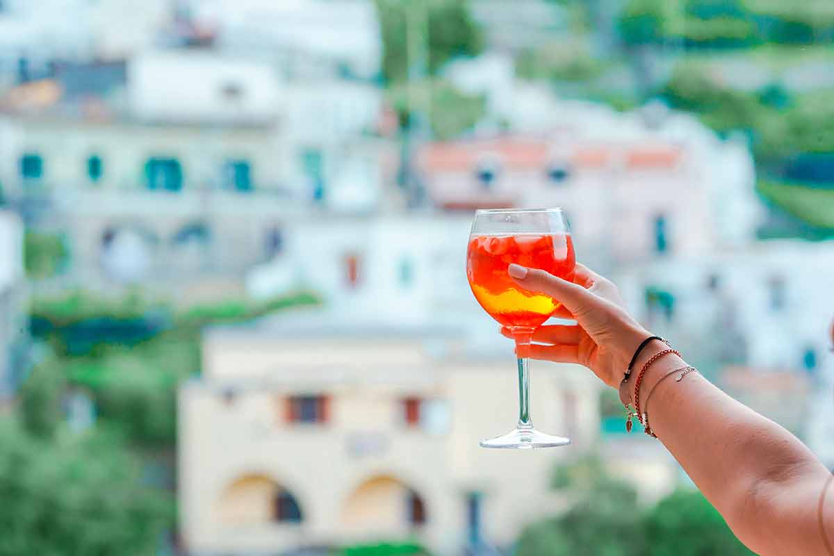 italian drinks alcoholic background of beautiful old italian village on Amalfi coast