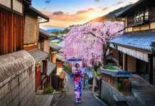 kyoto things to do at night woman wearing japanese traditional kimono walking