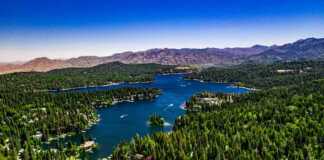 lake arrowhead california aerial view of lake, trees and mountains