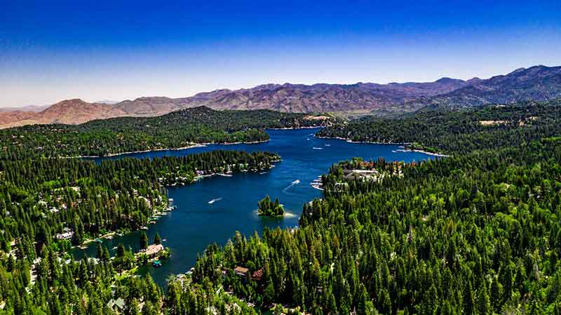 lake arrowhead california aerial view of lake, trees and mountains