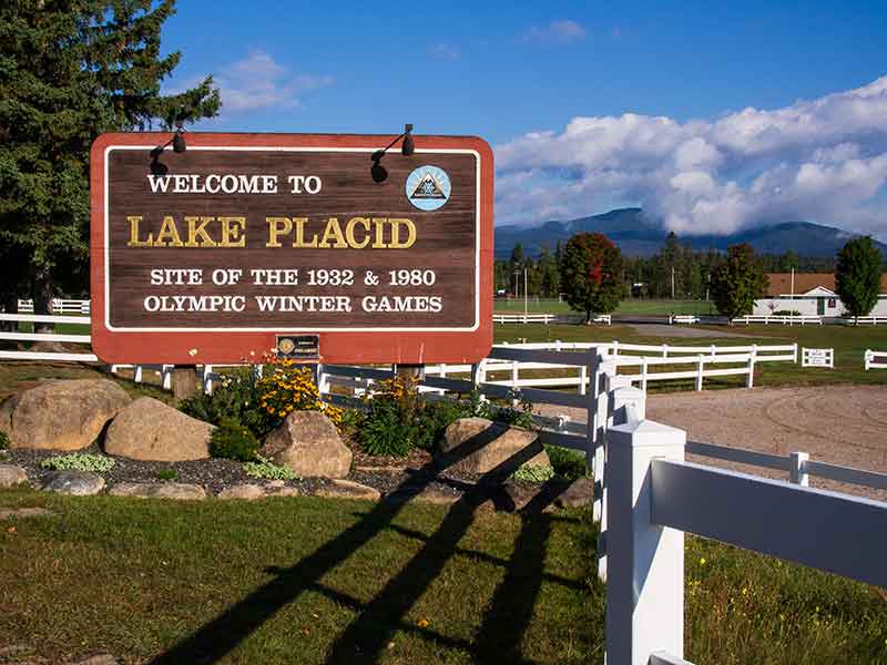 welcome to lake placid sign, site of the 1932 and 1980 Olympic Winter Games