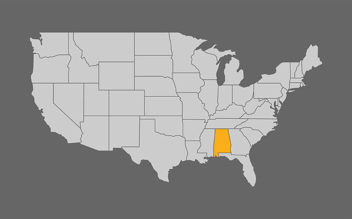 Достопримечательности в Алабаме Карта Соединенных Штатов с Алабамой в оранжевом цвете