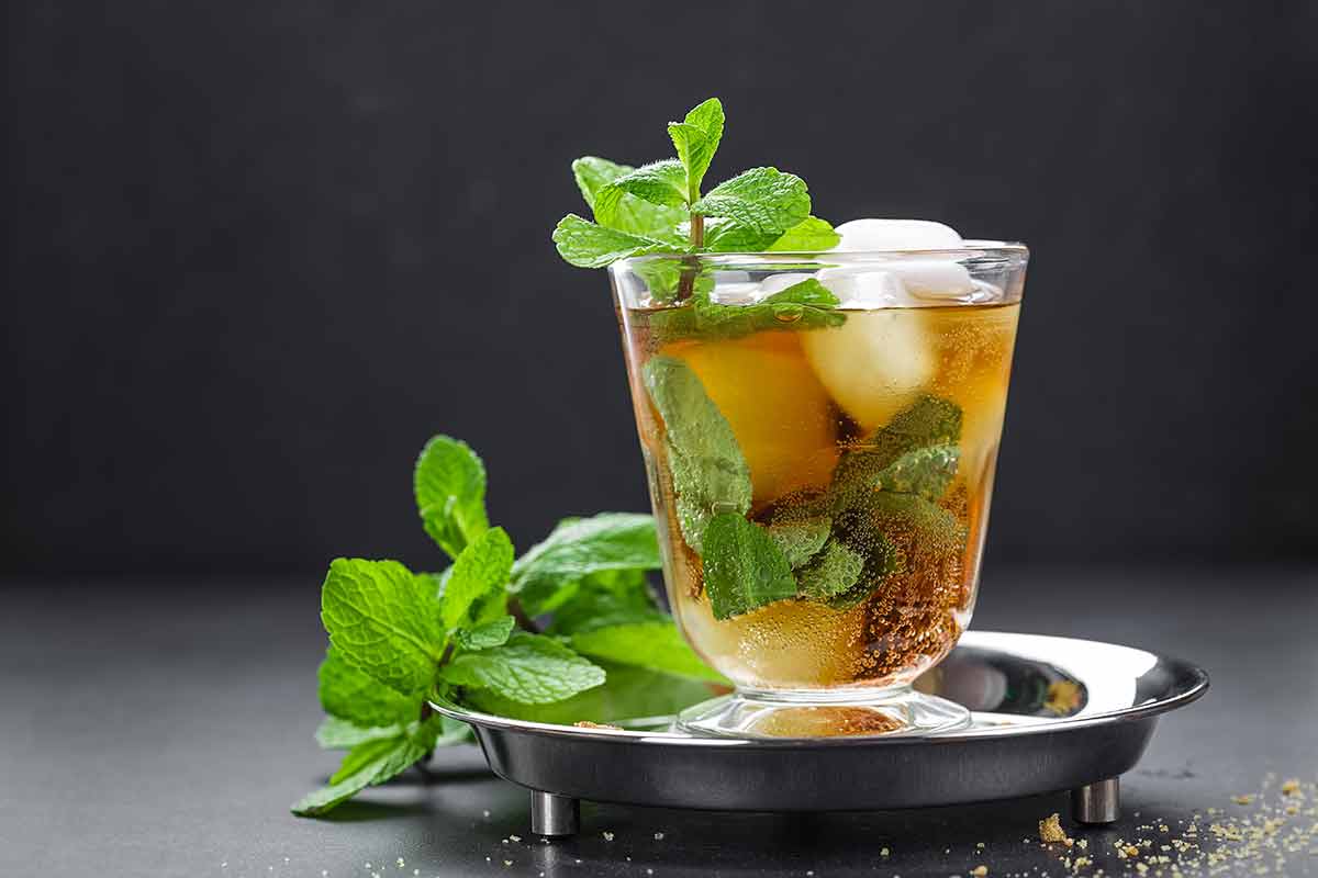 landmarks in kentucky Mint Julep cocktail with bourbon, ice and mint in glass on black background