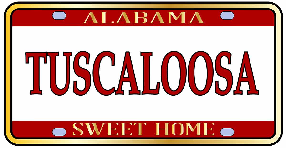 landmarks of alabama Alabama state license plate in the colors of the state flag with the state name