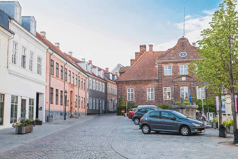 Beautiful Street With Old Houses With Tiled Roof In Viborg Denmark