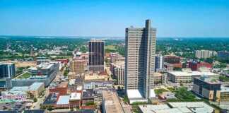 Image of Aerial over downtown Fort Wayne, Indiana from south side.