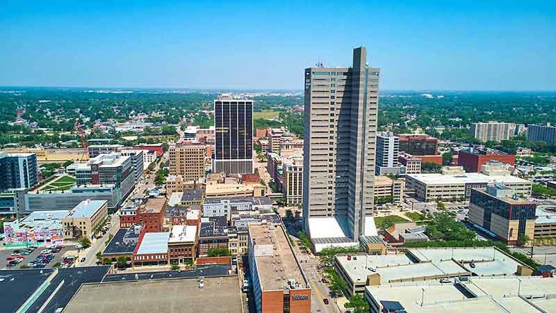 Image of Aerial over downtown Fort Wayne, Indiana from south side.