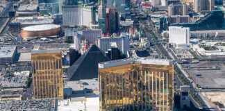 Amazing aerial view of Las Vegas city skyline during the day, including Luxor hotel