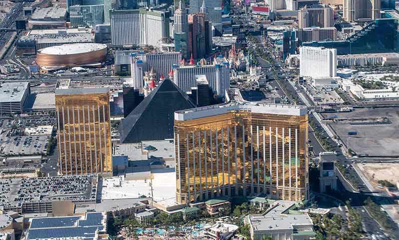 Amazing aerial view of Las Vegas city skyline during the day, including Luxor hotel