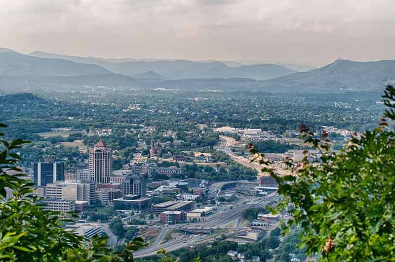 Roanoke aerial view with mountain backdrop