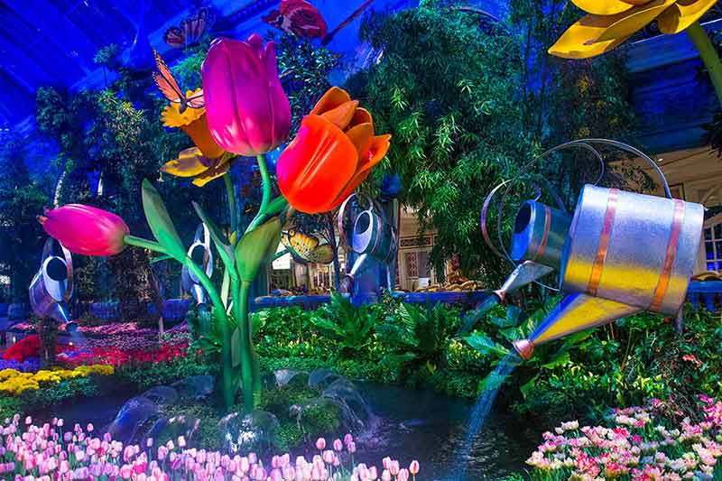 las vegas at night time colourful tulips and watering can exhibit