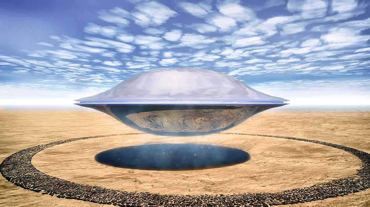 drawing of an alien spaceship landing in the desert