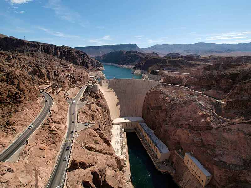 aerial view of Hoover Dam taken from bypass bridge on the Arizona/Nevada border