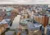 aerial view of Leeds buildings and canal